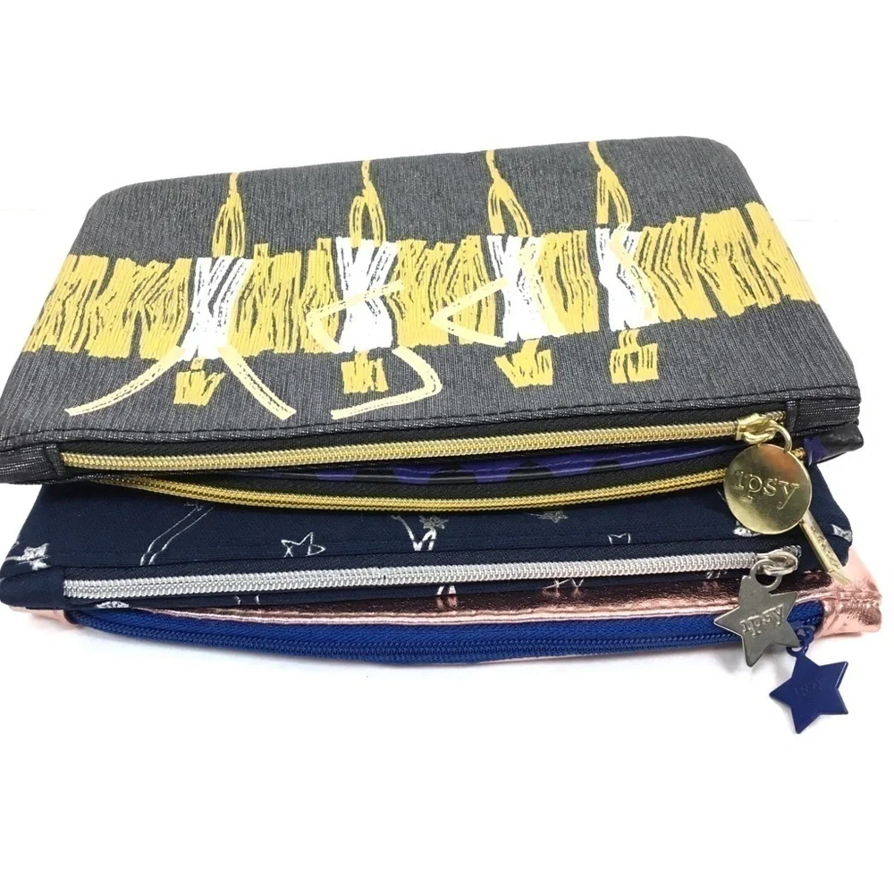 IPSY Bags Set of 4 Cosmetic Makeup Zip Pouches Rose Gold Stars Astrology Hearts